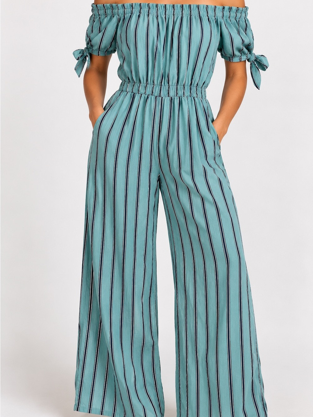 Band of Gypsies small Teal and Black Striped Off-Shoulder Wide Leg Jumpsuit